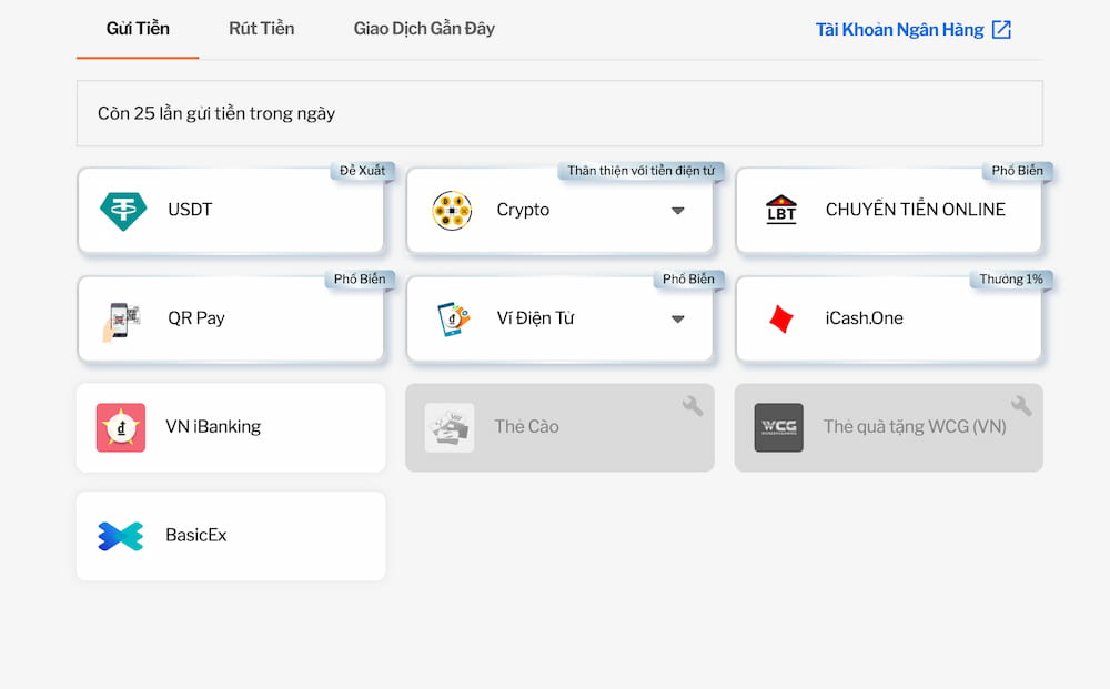 Các phương thức nạp tiền 188BET phổ biến: ngân hàng, QR, ví điện tử, thẻ cào